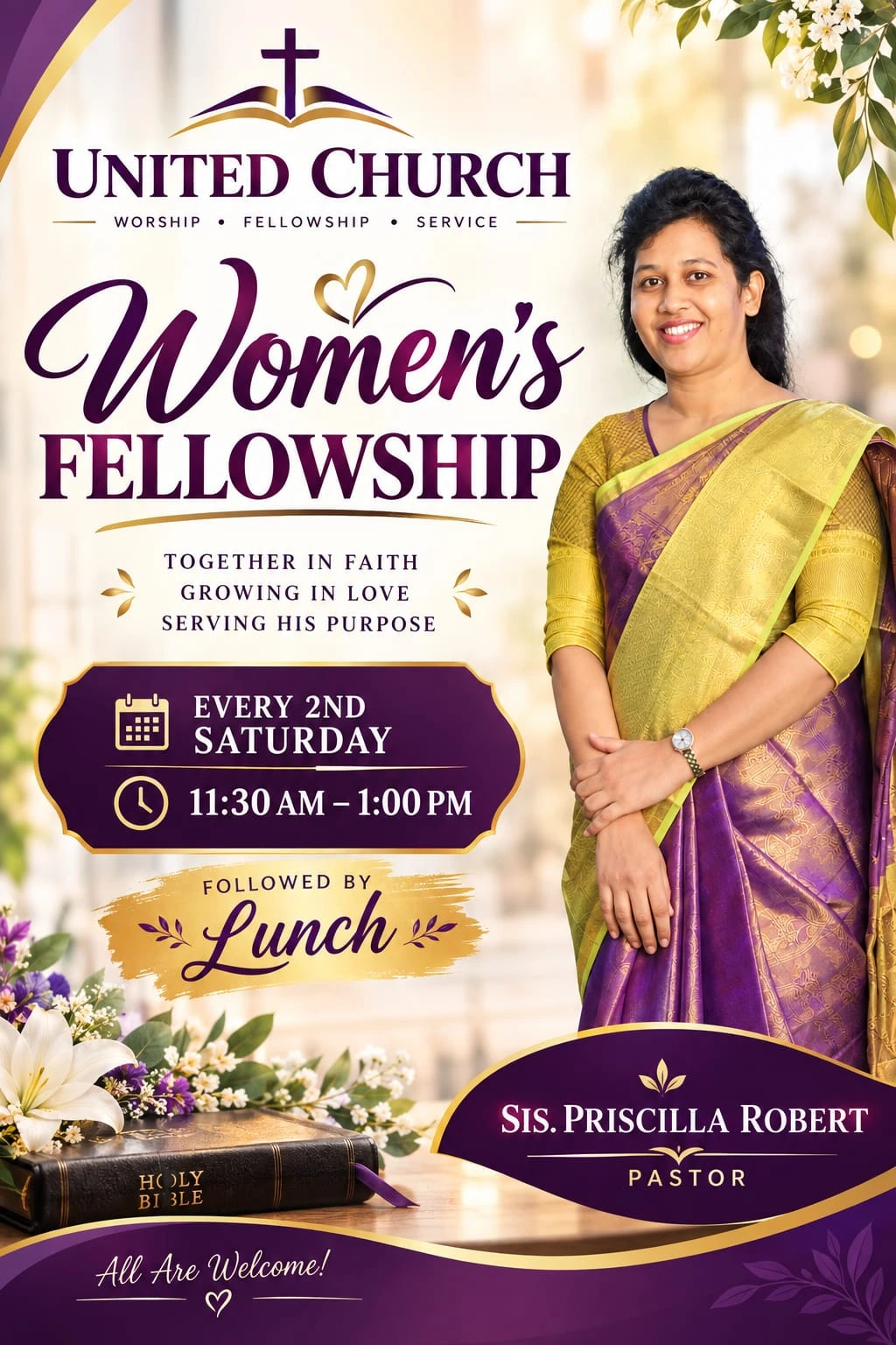 United Church Women’s Fellowship with Sis. Priscilla Robert. Every second Saturday, 11:30 AM to 1:00 PM, followed by lunch. All are welcome.